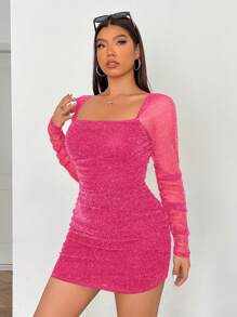 SHEIN EZwear Plus Size Semi-Sheer Mesh Fuchsia Dress