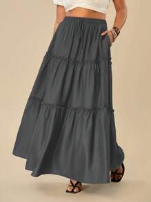 SHEIN VCAY Falda casual en talla grande para mujer con unicolor, lazo en la cintura y bajo con volantes - Gris - Ver 4