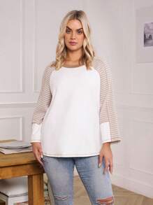 SHEIN LUNE 1 pièce T-shirt ample à manches longues, col rond, à rayures, pour femme grande taille - Beige - Voir 3