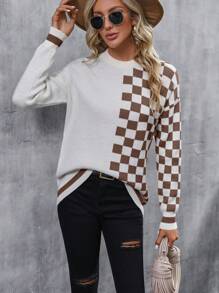 SHEIN LUNE Casual Dropped Shoulder Colorblock Checkered Knit Sweater, Autumn/Winter Knit Pullover Fall Sweater - Coffee Brown - View 3