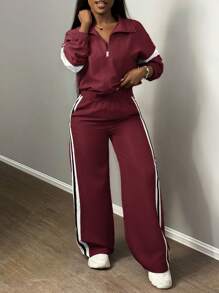 Slaydiva Women's Two-Piece Set Burgundy Autumn Casual Velvet Occasion Stand-Up Collar Zipper Long-Sleeved Jacket,Straight Wide-Leg Trousers With Ribbon - Burgundy - View 4