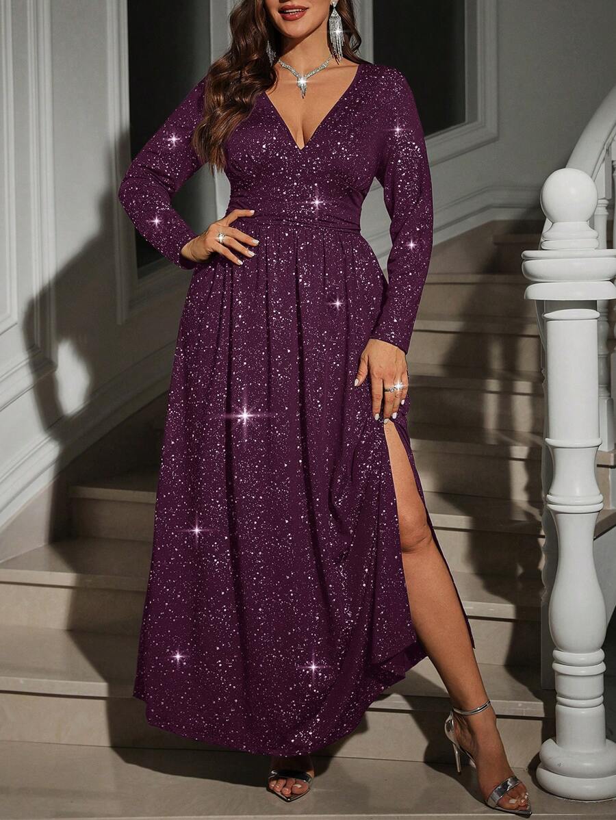 SHEIN Clasi Plus Size V-Neck Long Sleeve Split Hem Casual Long Dress - Red Violet - View 1