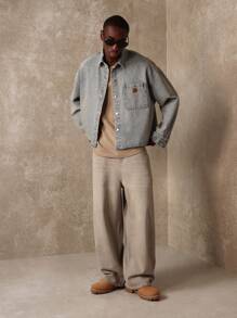 SUMWON Oversized Cropped Denim Shirt Raw Edge Jacket Fall Winter Essential Long Sleeve Streetwear Transitional Workwear Classic Grunge Fashion Statement Piece - Khaki - View 7