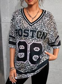 SHEIN Ragazza adolescente, 2 pezzi, abbigliamento per tempo libero e sport, nuova Maglietta casual oversize con scollo a V e stampa leopardata e leggings neri