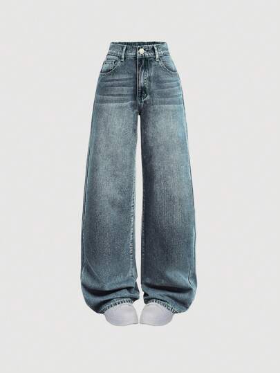 SHEIN Jeans de pierna ancha con botones y bolsillos para adolescentes, versátiles para uso diario