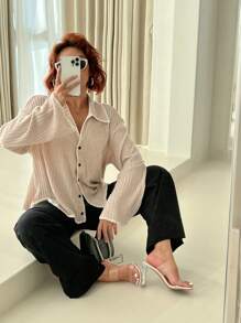 SHEIN Frenchy Plus Size Casual Elegant Contrast Color Trim Collared Open Front T-Shirt - Apricot - View 4