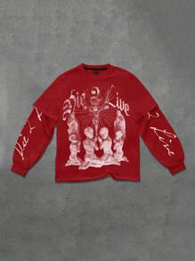 PAVTROS 男士休闲宽松字母与图案印花圆领长袖运动衫，春季和秋季，男士运动衫，白色男士运动衫，超大时尚数码印花男士圆领长袖休闲运动衫，二合一设计，男朋友礼物