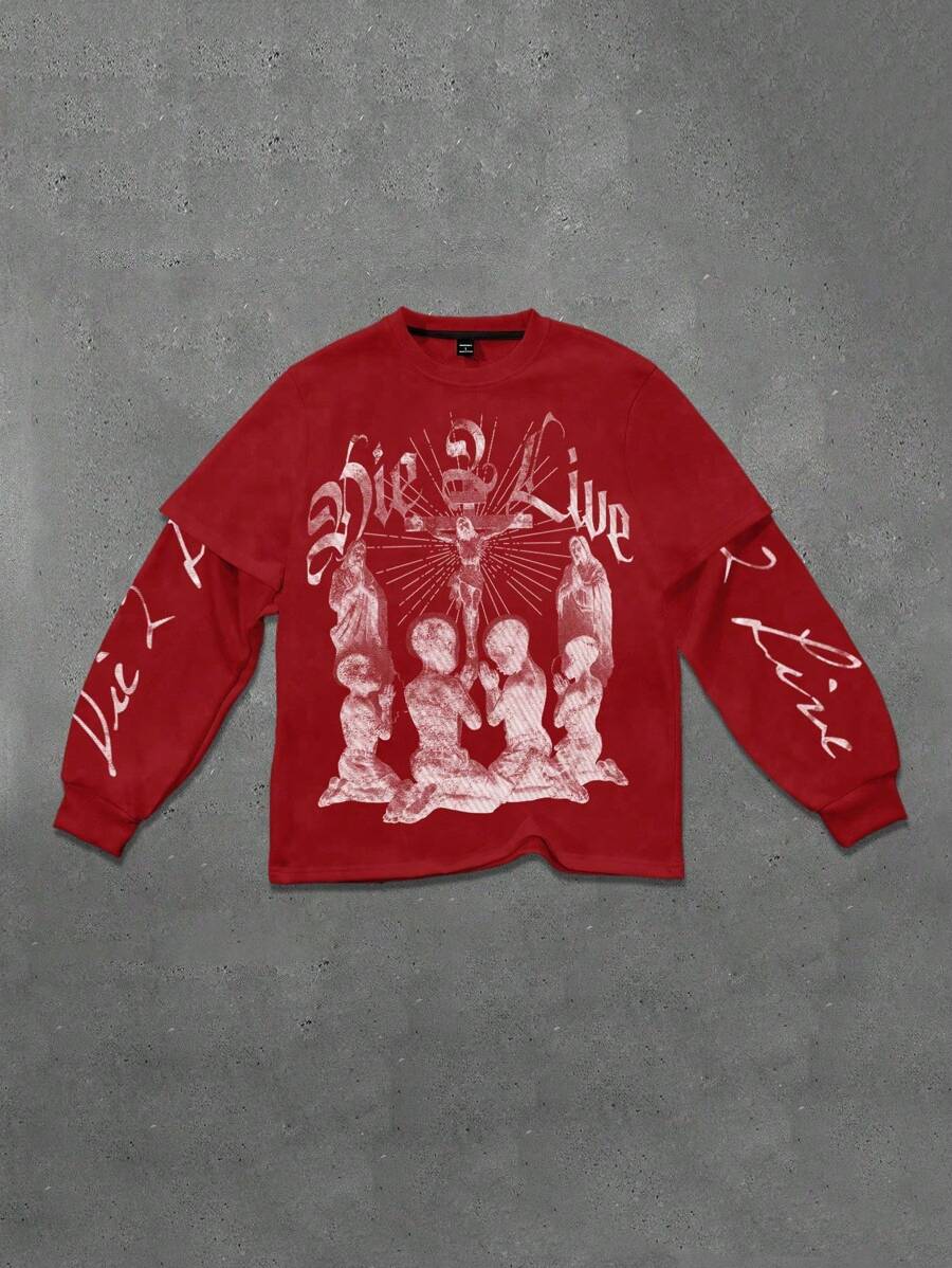 PAVTROS 男士休闲宽松字母与图案印花圆领长袖运动衫，春季和秋季，男士运动衫，白色男士运动衫，超大时尚数码印花男士圆领长袖休闲运动衫，二合一设计，男朋友礼物