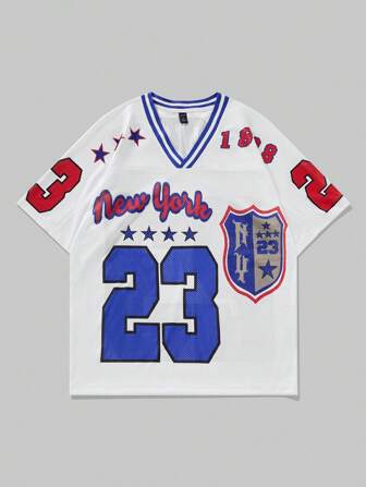 Prep Herren Jersey gestreiftes V-Ausschnitt Buchstabendruck Kurzarm Fußball Trikot Stil T-Shirt