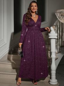 SHEIN Clasi Plus Size V-Neck Long Sleeve Split Hem Casual Long Dress - Red Violet - View 5