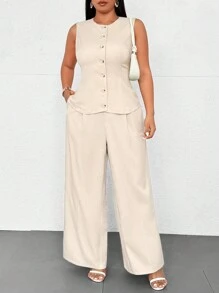 Celure 1 Set Plus Size Women Elegant Sleeveless Round Neck Blouse And Straight Leg Pants, 2 Pieces Set