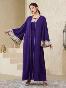 Al Najma 2 件套女士花卉撞色袖和服和阔腿连体裤