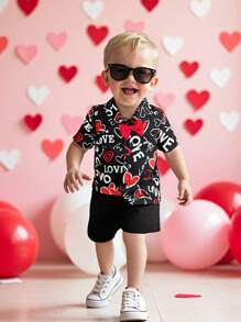 SHEIN 2pcs Baby Boy Valentine's Day Heart & Letter Graphic Contrast Color Bow Collar Short Sleeve Shirt & Elastic Waist Shorts Set, Suitable For Valentine's Day Party & New Year
