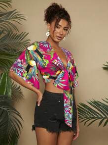 Travachic Áo sơ mi nữ buộc dây phía trước dệt cho kỳ nghỉ hè, lễ hội Rave, áo sơ mi nữ thường ngày, áo crop top kiểu Hawaii, áo cánh mùa hè - Màu Hồng Tươi - Xem 4