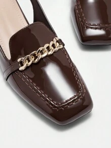 CUCCOO BIZCHIC Coffee Brown Patent Leather Shiny Chain Strap Low Heel Square Toe Flats, Fashion Casual Commuting, Dating, Party, Holiday Shoes For Women Spring Shoes Spring Break Easter For Christmas Spring Shoes - Coffee Brown - View 7