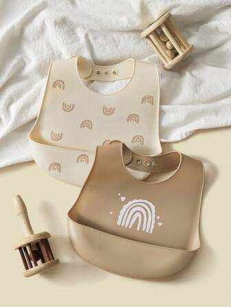 2pcs Silicone Rainbow Baby/Infant Bib, Waterproof Wipe-Clean Adjustable, Unisex For All Seasons