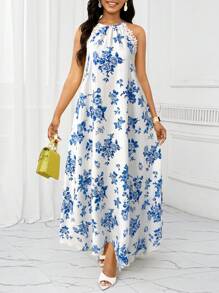 SHEIN Lady Robe longue élégante et fleurie avec un col ras-du-cou rehaussé, en bleu et blanc. Robe décontractée idéale pour tous les jours et les vacances