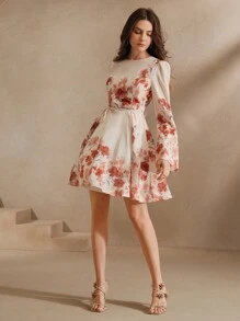 Anewsta 女式迷你花卉印花长袖荷叶边腰修身短裙，春夏装