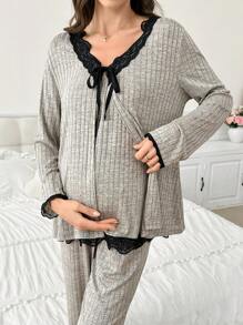 SHEIN 3-Piece Maternity Sleepwear Set: Contrast Color Lace Knit Camisole Pants And Open Front Long Sleeve Cardigan