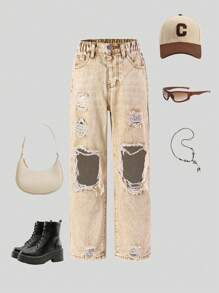 SHEIN Tween Girl' Front Button Pocket Distressed Casual Denim Jeans - Khaki - View 3