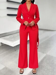 Lyxana Women's Ruffled Tie Button Jacket And Flare Pants Suit Set - Red - View 3