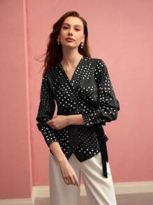 MOTF PREMIUM POLKA DOT WRAP TIE SIDE BLOUSE,SPRING/SUMMER - Black and White - View 5