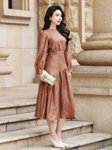 DAZY Sukienka midi z bufiastymi rękawami w jednolitym kolorze, elegancka, formalna, jesienna, z długim rękawem - Różowy - Zobacz 6