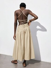 Maija 杏色纯色露背露背镂空系带装饰春夏女士休闲长裙，适合海滩度假 - 杏色 - 查看 1