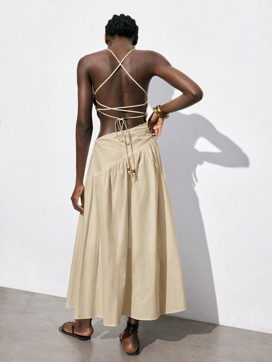 Maija 杏色纯色露背露背镂空系带装饰春夏女士休闲长裙，适合海滩度假 - 杏色 - 查看 1