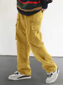 Men Solid Flap Pocket Side Cargo Pants - Yellow - View 6