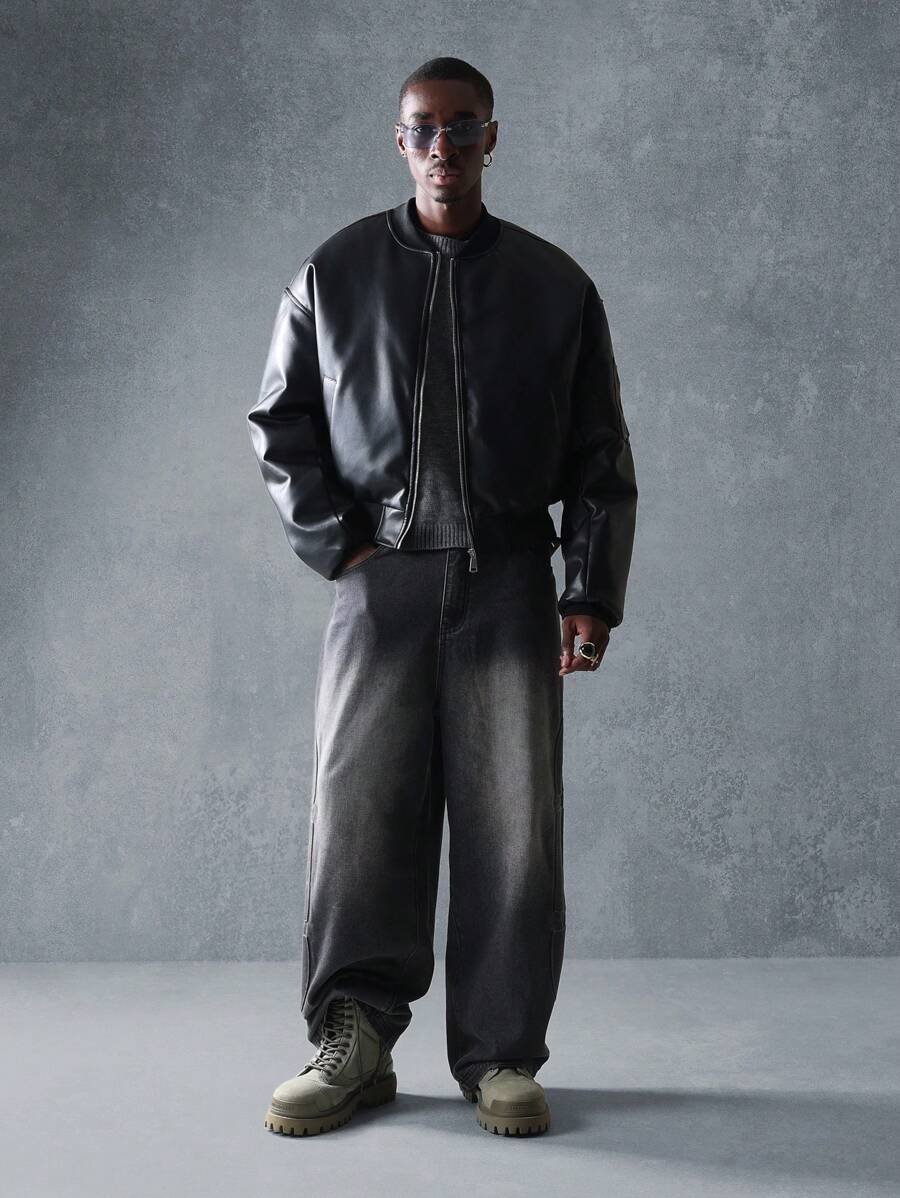 SUMWON Premium Skater Fit Wide Leg Jeans, High-Fashion Loose Denim, Street Style Urban Fashion, Casual Weekend Staple, Baggy Fit, Fall Winter Clothing - Black - View 1