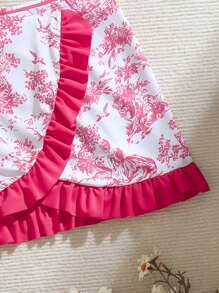 SHEIN Tween Girls Floral Print Frill Trim Bikini Swimwear Set With Mini Skirt - Pink - View 4