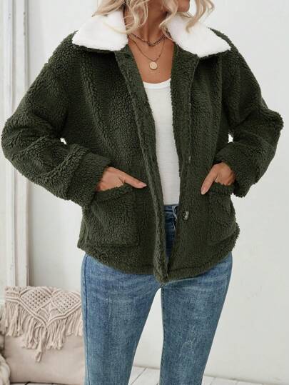 SHEIN LUNE 白色领子与军绿色领子撞色的夹克，优雅