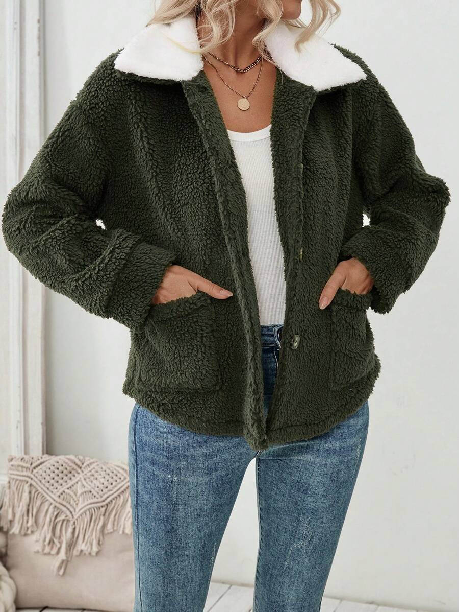 SHEIN LUNE Áo khoác cổ trắng & cổ xanh quân đội tương phản, thanh lịch - xanh quân đội - Xem 1