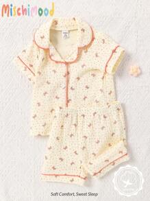 2 pièces/Set Tenue décontractée d'été pour bébé fille, short à manches courtes et nœud imprimé en seersucker rose