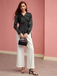 MOTF PREMIUM POLKA DOT WRAP TIE SIDE BLOUSE,SPRING/SUMMER - Black and White - View 4