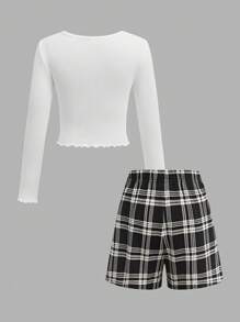 Maglietta a manica lunga con bordo a lattuga e gonna corta a quadri neri con bottoni, perfetti per uso casual, quotidiano e scolastico, adatti per ragazze tra bambini e adolescenti