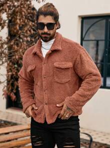Manfinity CasualCool Men's Solid Color Long Sleeve Cargo Casual Polar Fleece Jacket, Autumn Winter,Men's Solid Color Long Sleeve Jacket, Men Warm Jacket,Winter Men Jacket,Coral Fleece Jacket