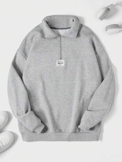 EURMUSE Cotton Men Letter Patched Quarter Zip Sweatshirt