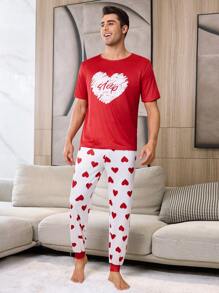 2 件男士红色心形设计家居服套装，情人节服装，可作为礼物 - 彩色 - 查看 5
