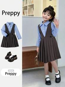 SHEIN Young Girl Casual Style Shirt And Suspender Pleated Skirt Outfit, Spring/Summer/Fall 2pcs/Set - Multicolor - View 1