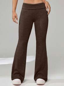 SHEIN Leap Crew Quần ống loe dệt kim nhẹ trơn cho bé gái tuổi mới lớn có cạp cao, cạp gấp, mặc dạo phố, mặc hàng ngày, mặc trong những dịp thường ngày - màu nâu - Xem 3