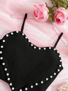 SHEIN Tween Girls' Fitted Heart-Shaped Pearl Decor Camisole Top - Black - View 5