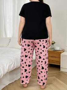 Dream Adore Positioning Printed Eyelash Short Sleeve Top And Heart Print Pants Pajama Set - Black - View 2