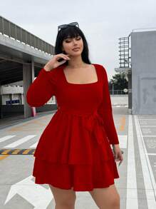 POPSWAY Plus Size Textured Knit Patchwork Woven Maxi Long Sleeve Dress - Red - View 3