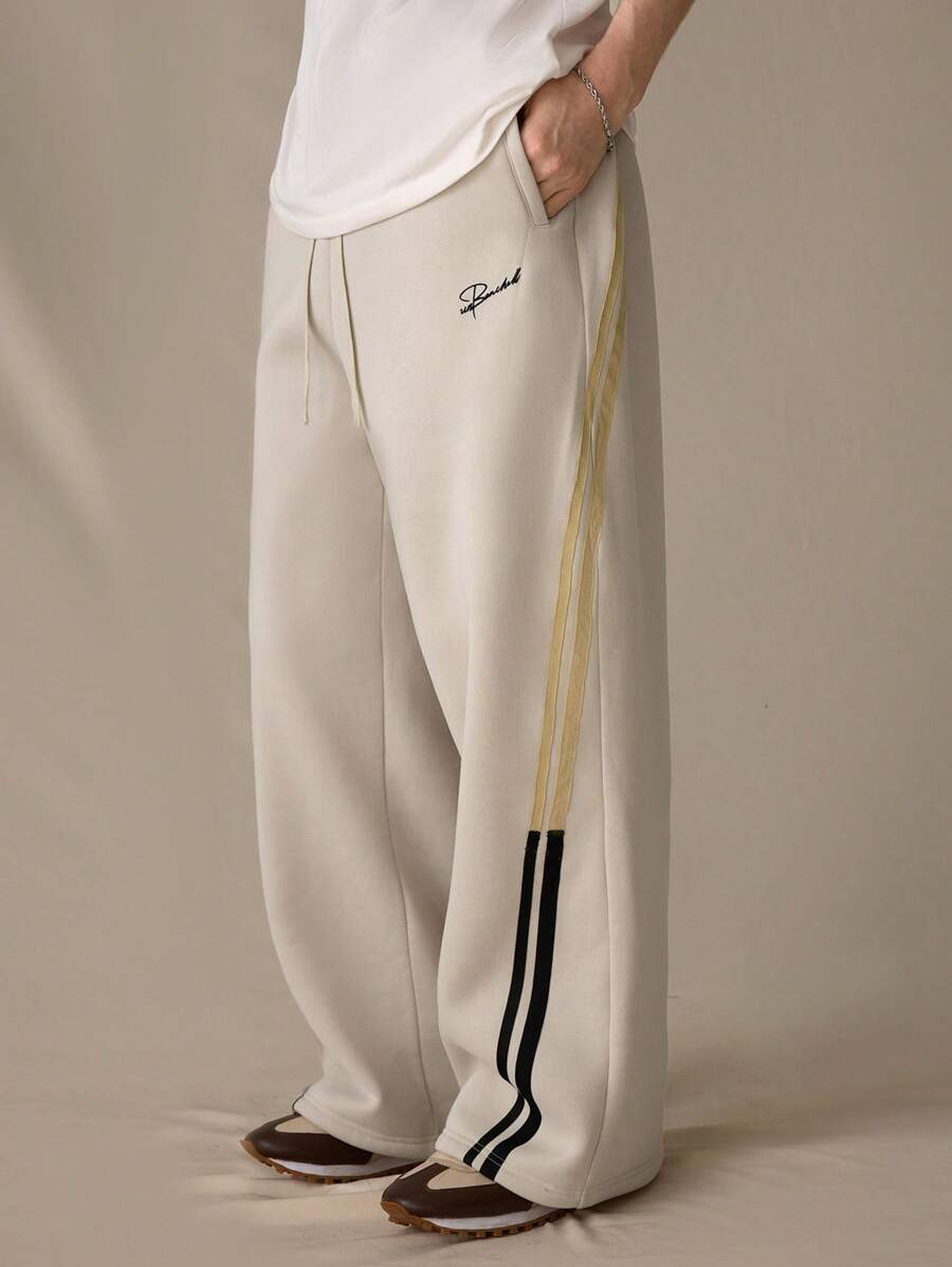 Manfinity VCAY 男士针织休闲宽松松紧腰直筒裤，时尚年轻日常穿着 - 杏色 - 查看 1