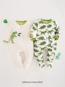 Cozy Pixies 新生男婴 2 件套 卡通恐龙图案针织柔软圆领长袖连体衣和裤子套装 - 綠色 - 查看 1