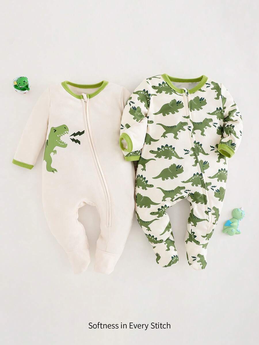 Cozy Pixies 新生男婴 2 件套 卡通恐龙图案针织柔软圆领长袖连体衣和裤子套装 - 綠色 - 查看 1