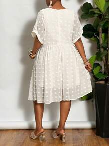 Slaydiva Plus Size Women Elegant Resort Jacquard Chiffon High Low Hem Dress - Suitable For Vacation - Apricot - View 3