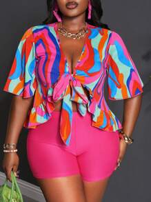 Slaydiva 2 stuks/set 2025 lente/zomer nieuwe crop top met strik op de borst en effen gekleurde op maat gemaakte fuchsia shorts, plus size vakantie-outfit